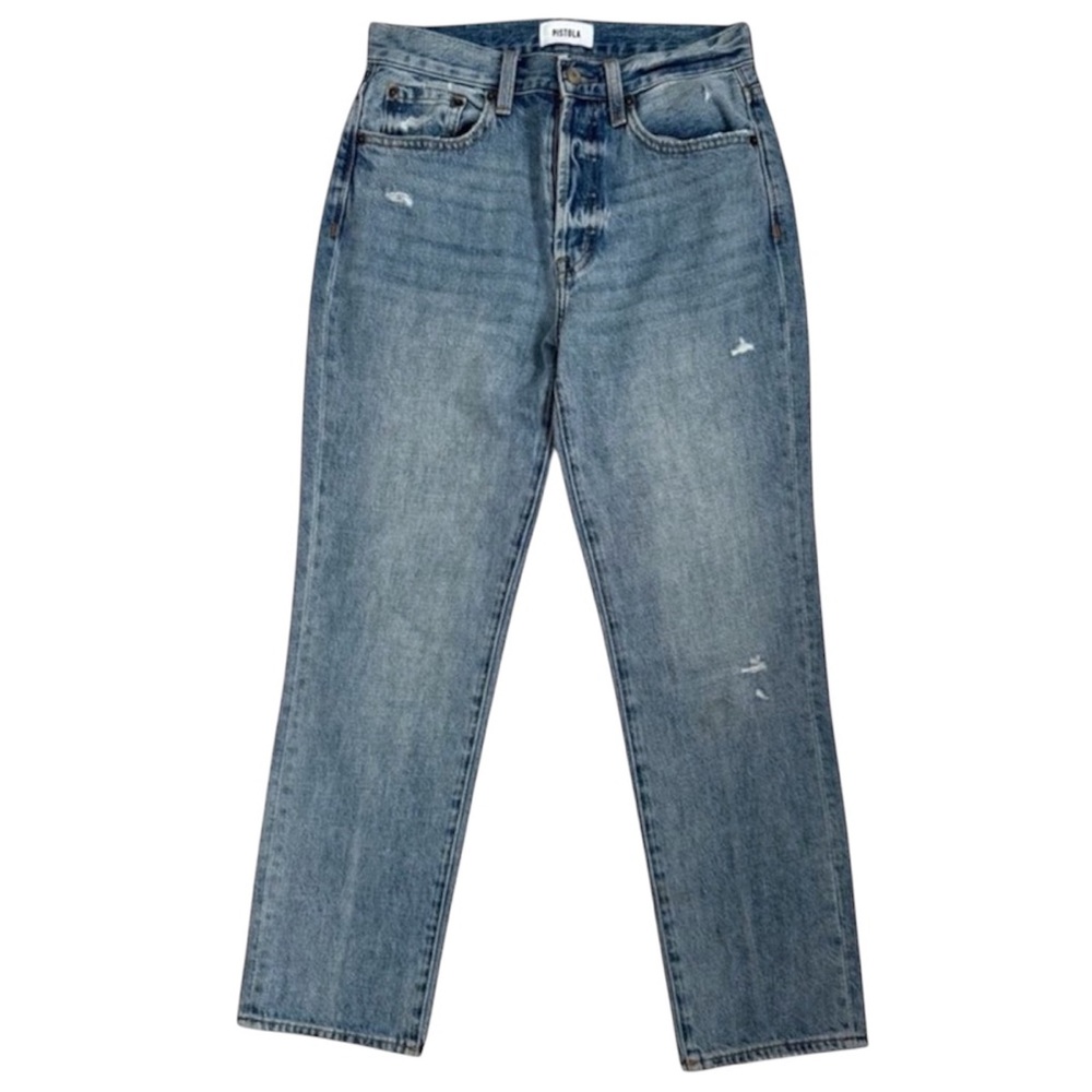 Pistola Straight Leg Jeans Light Wash Button Fly High Waisted Denim Pants Sz 25